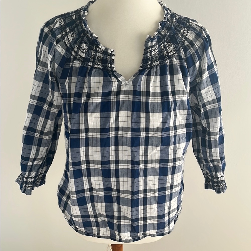 Talbots Blue and White Smocked Blouse with V-Neck